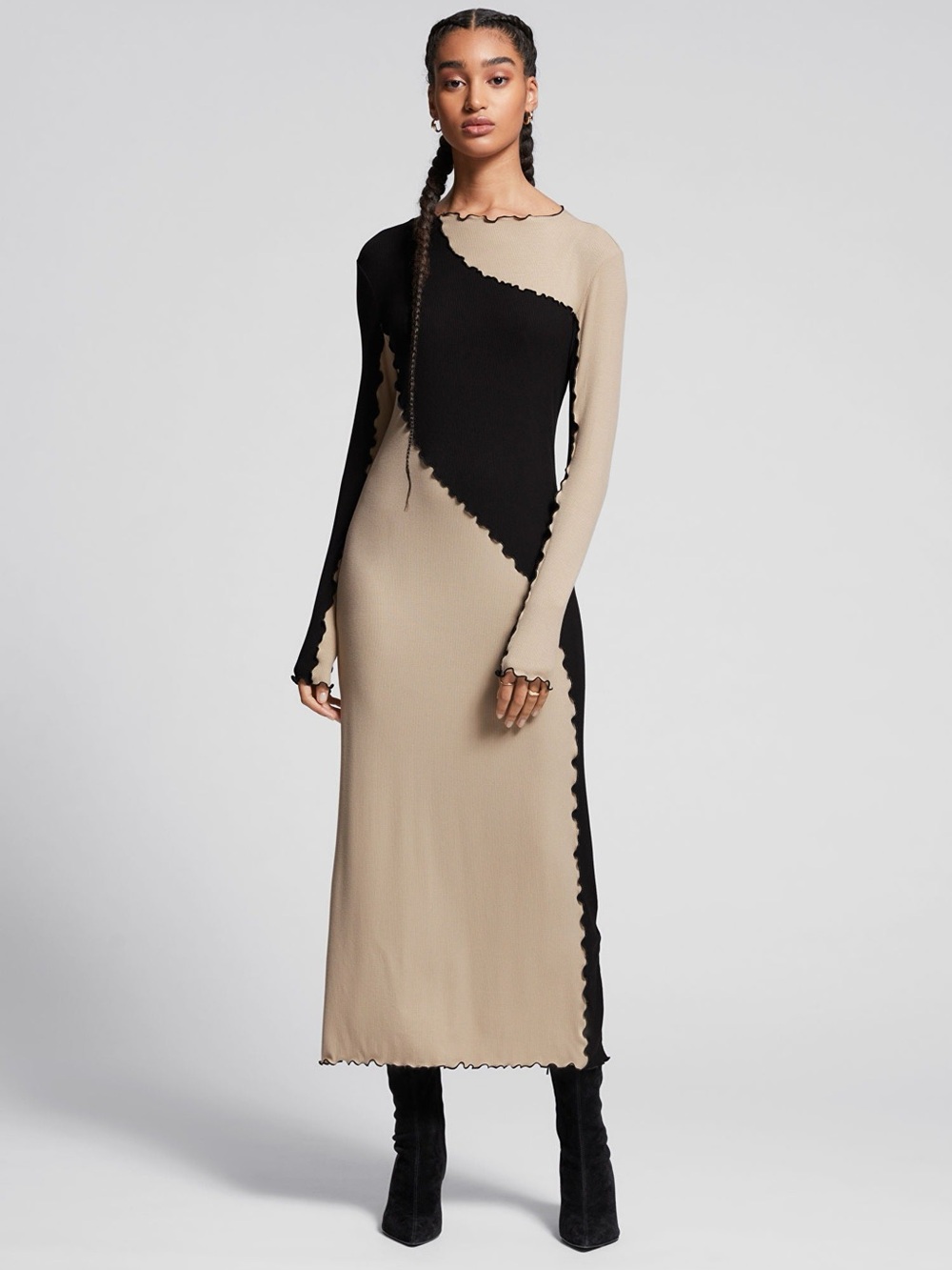 & Other Fitted Frilled Edge Long Sleeve Dress — Size S